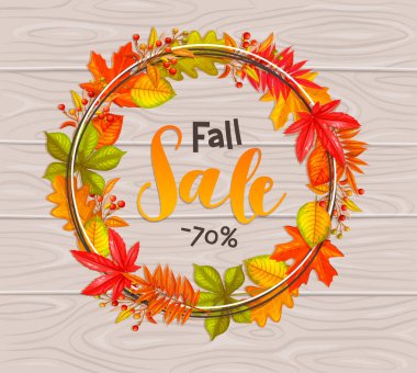 Mevsimlik merhaba bayrağı veya çerçeveli sonbahar yapraklı akçaağaç, meşe, karaağaç, kestane, fındık, buğday ve sonbahar meyveleri ahşap arka planda.