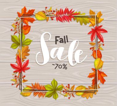 Mevsimlik merhaba afişi veya sonbahar yapraklı akçaağaç, meşe, karaağaç, kestane, fındık, buğday ve sonbahar meyveleri ahşap arka planda.