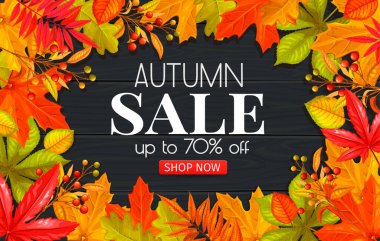 Mevsimlik merhaba posteri. Ahşap zemin üzerinde sonbahar yaprakları, meşe, karaağaç, kestane ve sonbahar meyveleri..