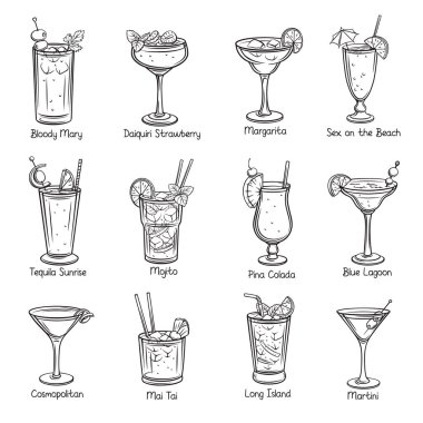 Tropik horoz ötüşü seti. Yaz alkollü içecekler. Tatil ve plaj partisi temsilciliği. Long Island, Bloody Mary, cosmopolitan, margarita, mai tai, pina colada, blue lagoon vs..