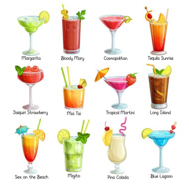 Tropik horoz ötüşü seti. Alkollü yaz tatili ve plaj partisi içkileri. Long Island, Bloody Mary, cosmopolitan, margarita, mai tai, pina colada, blue lagoon ve benzerleri. Vektör illüstrasyonu.