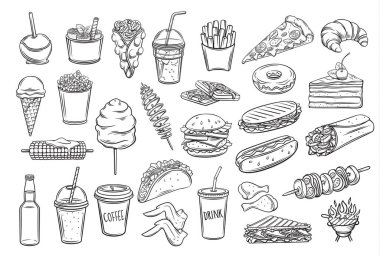 Street food icons set. Takeaway meals bubble waffles, hong kong, spiral potato chips, lemonade and apples in caramel. Retro vector illustration fast food french fries, hamburger, tacos and barbecue clipart