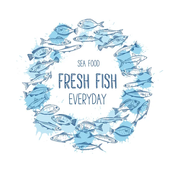Vector Banner Hand Drawn Fish Design Seafood Bream Mackerel Tunny — Stock Vector