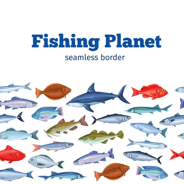 Seamleess Border Fish Seafood Background Bream Mackerel Tunny Sterlet Codfish — Stock Vector