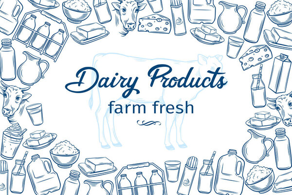Poster template with hand drawn dairy products for farmers market menu design. Vector vintage illustration. Milk food design page concept.