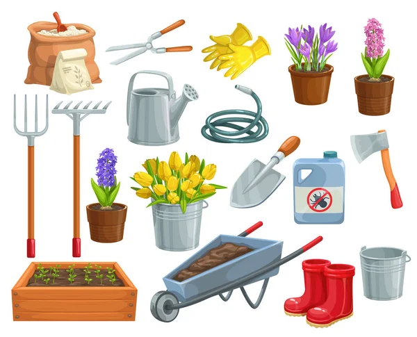 Vector Gardening Tools Flowers Icons Rubber Boots Seedling Tulips Gardening — Stock Vector