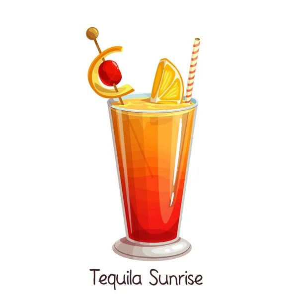 Verre Vectoriel Tequila Sunrise Cocktail Avec Tranche Orange Cerise Isolée — Image vectorielle