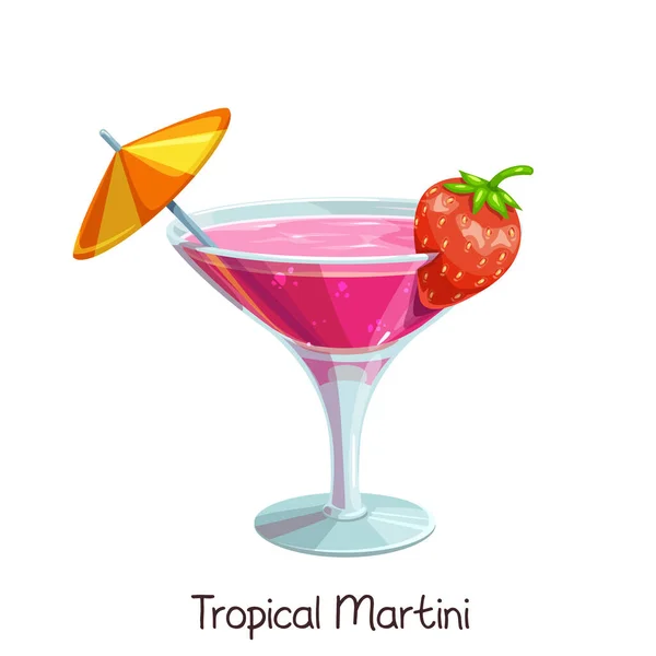 Vector Glass Tropical Martini Strawberries Umbrella Isolated White Color Illustration — Stock Vector