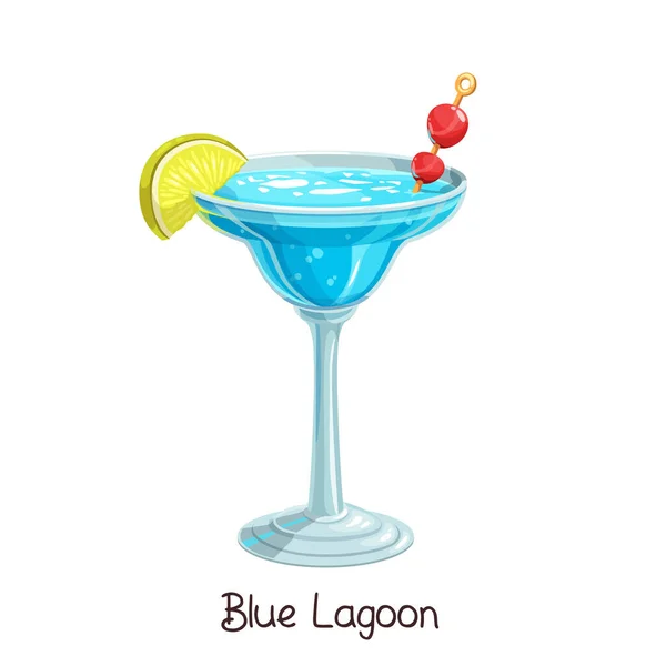 Vector Glass Blue Lagoon Cocktail Slice Lemon Cherry Isolated White — Stock Vector