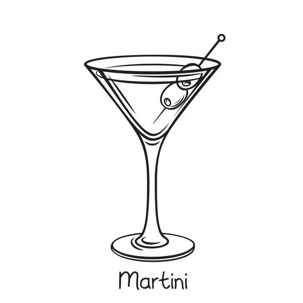Vektor Glas Martini Cocktail Mit Oliven Handgezeichnetem Stil Retro Illustration — Stockvektor