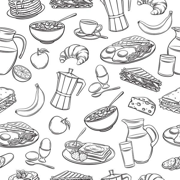 Vector Seamless Pattern Hand Drawn Breakfast Icons Retro Background Pancakes — Stock Vector