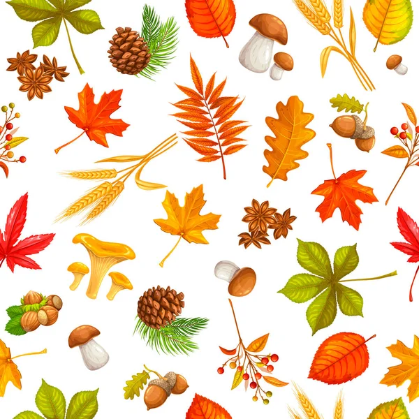 Seamless Pattern Autumn Leaves Maple Oak Elm Mushrooms Fir Cones — Stock Vector