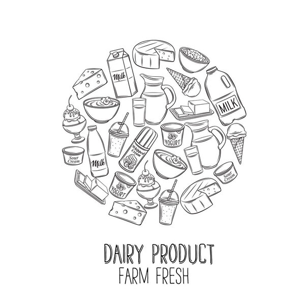 Dairy product banner. Engraving yogurt, milk, cottage cheese and smoothies. Sketch butter, sour cream, camembert and whipped cream. Vector illustration. Retro style.