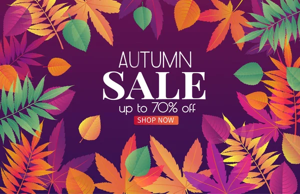 メープル オーク エルム 栗のグラデーションの明るい秋の葉を持つトレンディな秋の販売ポスター — ストックベクタ