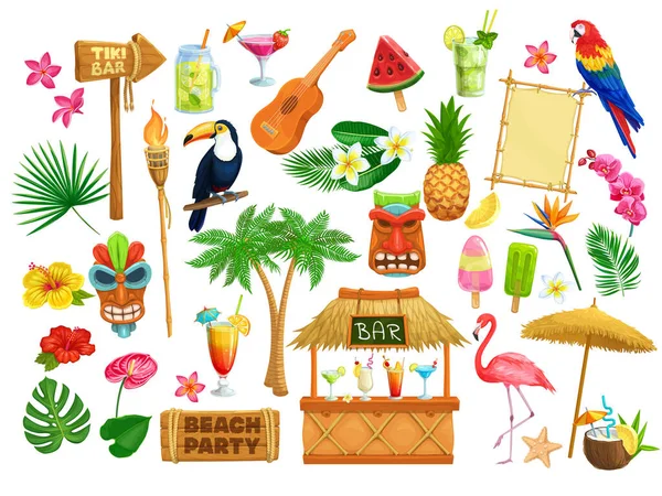 Vektör Hawai plaj partisi ikonları. Tiki kabile maskesi, tahta tabela, tropikal kuşlar, kokteyller, karpuz, meşale, yapraklar ve çiçekler. Gitar, meyve buzu ve ananas tasarımı için luau tatili.