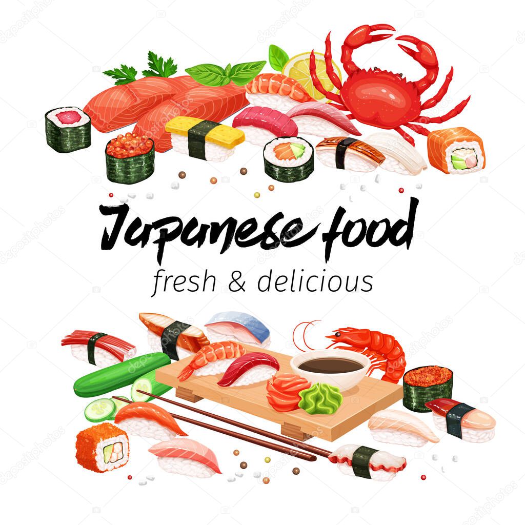 Vector banners japanese food for design asian cuisine promotion design. Sushi bar illustration.