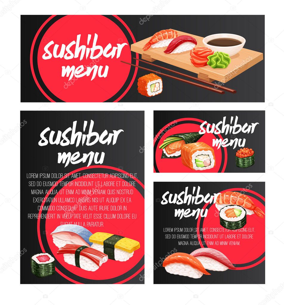 Vector banners japanese sushi roll for design seafood sushi bar. Asian cuisine promotion posters.