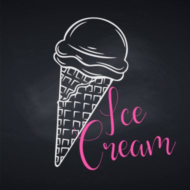 Elle çizilmiş dondurma külahı tahtaya. Şablon menü kafe. Tasarım menüsü kafe, etiket ve ambalaj için. İşleme stili. Vektör illüstrasyonu.