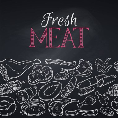 Karatahtanın üzerinde gastronomik et ürünleri olan kusursuz bir sınır şablonu. Tasarım gıda üretimi, broşürler, afişler, menü ve pazar için retro biçim dekoratif vektör illüstrasyonu