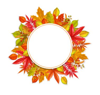 Sonbahar yaprakları, akçaağaç, karaağaç, kestane ve sonbahar meyveleriyle mevsimlik sonbahar afişi. Vektör illüstrasyonu.