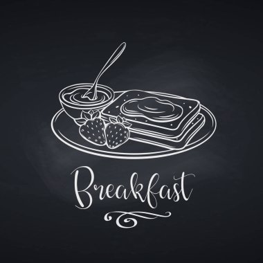 Elle çizilmiş tost ve karatahta reçel. Yemek menüsü tasarımı için vektör illüstrasyon kahvaltısı. Retro biçimi