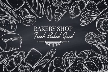 Fırın şablonu sayfası. Retro ekmek vektör çizimi. El yapımı çavdar ekmeği, buğday ekmeği, kraker, kruvasan, simit ve Fransız ekmeği..
