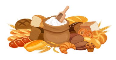 Fırın ürünleri afişi, vektör illüstrasyonu. Ekmek ve bir torba un. Çavdar, tam tahıl ve buğday ekmeği, kraker, kek, pide, ciabatta, kruvasan, simit ve Fransız ekmeği.