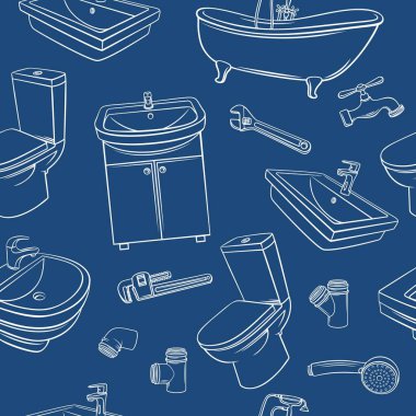 Tesisat kusursuz desen. Duş, banyo lavabosu, tuvalet, hijyenik anahtar ve tesisat tasarımı için musluk. Taslak vektör arkaplanı.