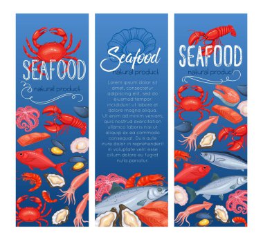 Deniz ürünleri afişi, vektör illüstrasyonu. Midye, balık somonu, karides, mürekkep balığı, ahtapot, istiridye, ıstakoz veya sıçan, yumuşakça, istiridye alfonsino ve ton balığı şablonu tasarımı.