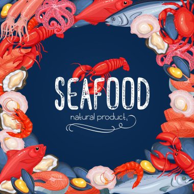 Deniz ürünleri vektör illüstrasyonu. Midye, balık somonu, karides, mürekkep balığı, ahtapot, istiridye, ıstakoz veya bok, yumuşakça, istiridye alfonsino ve ton balığı şablonu tasarımı.
