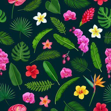Orman egzotik çiçekleri ve yaprakları olan tropik, pürüzsüz bir desen. Strelitzia, anthurium, hibiscus, plumeria, orkide ve zencefil çiçeği. Yaz tropik cennet tasarımı. Vektör arkaplanı.