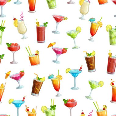Alkolik saksocular kusursuz kalıplar. Yaz alkollü içecekler. Tatil ve plaj partisi vektör geçmişi. Long Island, Bloody Mary, margarita, mai tai, pina colada, blue lagoon.