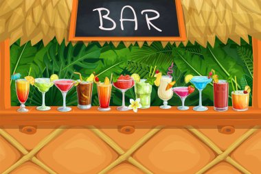 Plaj tiki barı, alkollü kokteyller, vektör illüstrasyonu. Hawaii parti luau 'su. Long Island, bloody mary, margarita, mai tai, pina colada, blue lagoon ve saire.