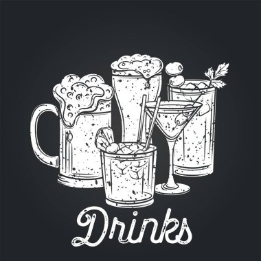 Alkolik içki ikonu, vektör illüstrasyonu. Bira ve kokteyl afişi. Retro biçimi.