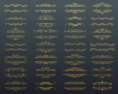 Kaligrafik tasarım elementleri. Altın girdaplar veya parşömenler, eski çerçeveler, gösterişli ve bölücüler. Retro vektör illüstrasyonu