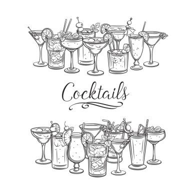 Alkolik horozlar afişler. Yaz plajı alkollü içkileri. Tatil ve plaj partisi vektör geçmişi. Long Island, Bloody Mary, margarita, mai tai, pina colada, blue lagoon