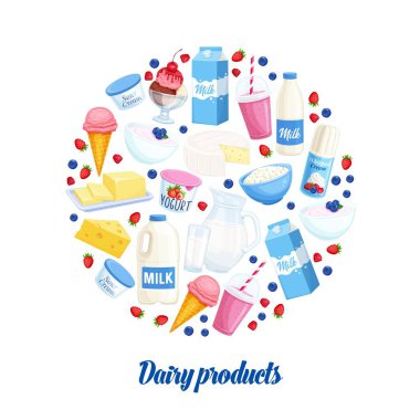 Süt ürünleri ikonları. Süzme peynirli, sütlü, tereyağlı, peynirli ve ekşi kremalı vektör çizimi. Yoğurt, dondurma, smoothie, market ürünleri için çırpılmış krema..