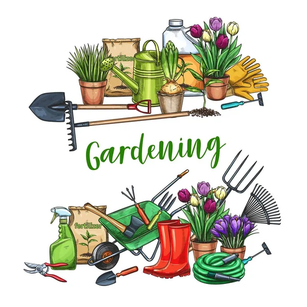 Gardening Banner Garden Tools Potted Flowers Fertilizer Sketch Style Vector — Stock Vector