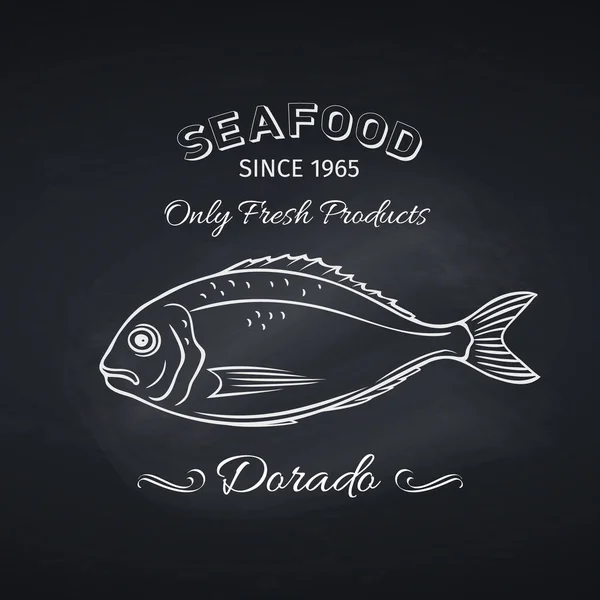 Elle Çizilmiş Dorado Balığı Tahtada Deniz Ürünleri Ikonu Restoran Tasarımı — Stok Vektör