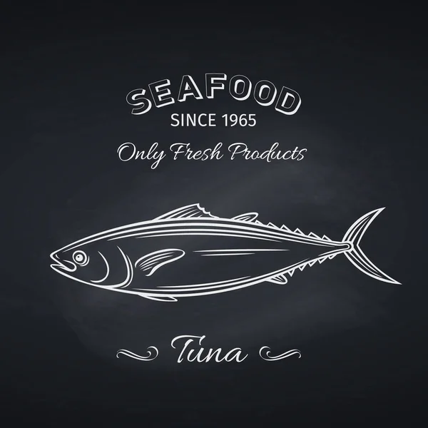 在黑板上手绘金枪鱼鱼 海鲜图标菜单餐厅设计 雕刻风格 矢量说明 — 图库矢量图片