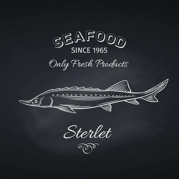 在黑板上手工画的胸鳍鱼 海鲜图标菜单餐厅设计 雕刻风格 矢量说明 — 图库矢量图片