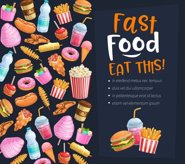Αφίσα Γρήγορου Φαγητού Takeaway Γεύματα Δρόμο Φόντο Τροφίμων Φούσκα Βάφλες — Διανυσματικό Αρχείο