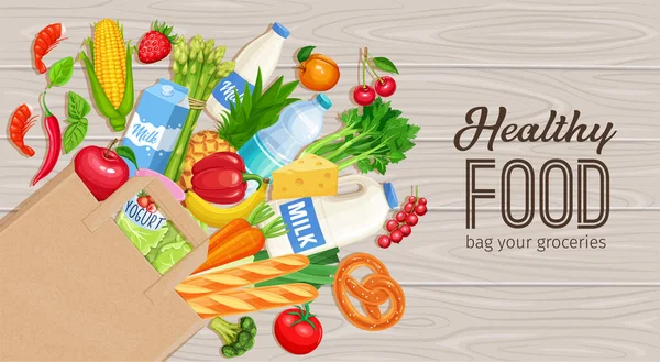 纸袋的杂货在木制的背景 顶部视图 包含乳制品 蔬菜和水果的健康食品概念 矢量说明 — 图库矢量图片