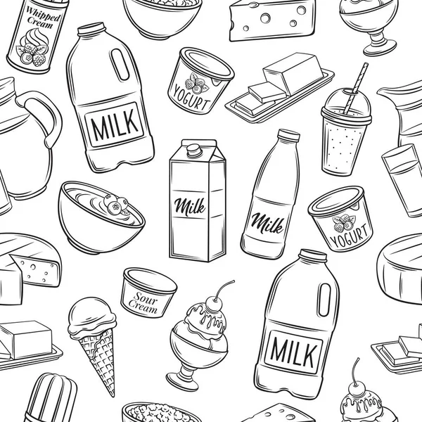 Milchprodukte Nahtlose Muster Umriss Flasche Milch Eis Käse Und Butte — Stockvektor