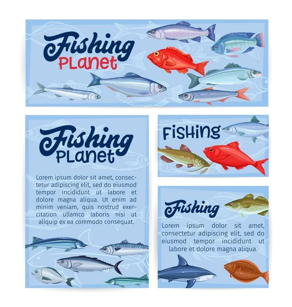 Fish Banners Seafood Cartoon Salmon Anchovy Codfish Sea Bass Ocean — Stock Vector