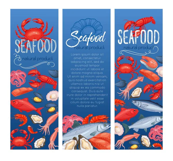 Seafood Banner Vector Illustration Mussel Fish Salmon Shrimp Squid Octopus — Stock Vector