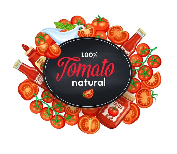 Tomatenbanner Vektorillustration Geschnittene Und Ganze Tomaten Sauce Und Ketchup — Stockvektor