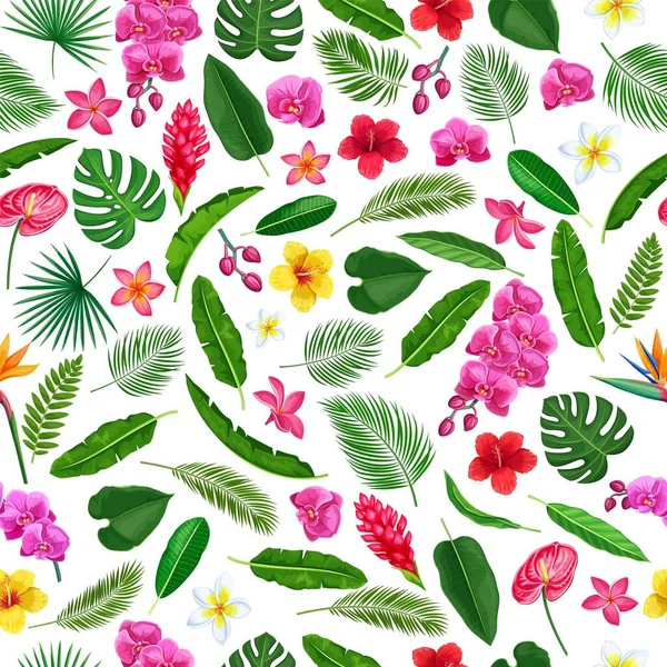 Motif Tropical Sans Couture Avec Des Fleurs Des Feuilles Exotiques — Image vectorielle