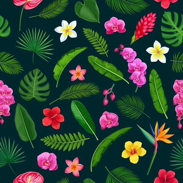 Motif Tropical Sans Couture Avec Des Fleurs Des Feuilles Exotiques — Image vectorielle