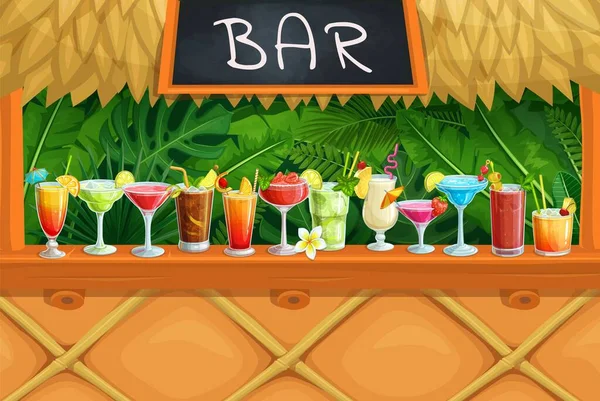 Strand Tiki Bar Alkoholische Cocktails Vektorillustration Hawaiianisches Partyluau Lange Insel — Stockvektor